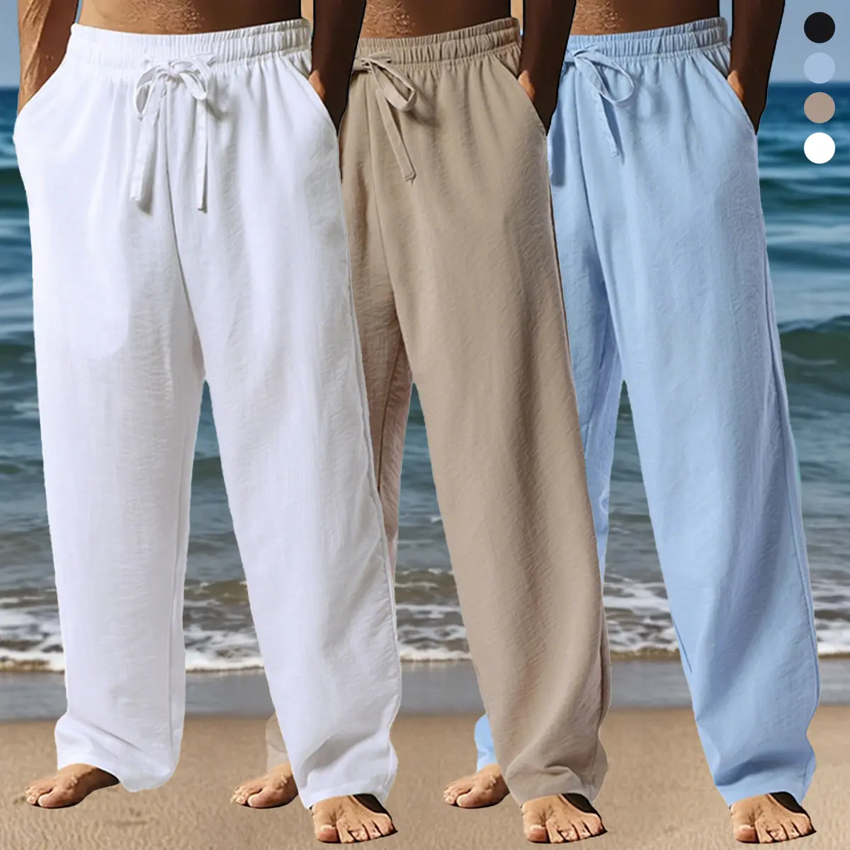 Set of 3 men’s linen pants: loose fit for all seasons, elastic waistband and leg openings, breathable and warm casual riding pants suitable for indoor and outdoor activities; versatile styling from semi‑formal to casual.