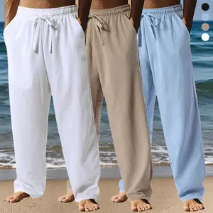Set of 3 men’s linen pants: loose fit for all seasons, elastic waistband and leg openings, breathable and warm casual riding pants suitable for indoor and outdoor activities; versatile styling from semi‑formal to casual.
