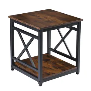 Industrial End Table Side Table with 2-Tier Storage Shelf, 18'' Square Nightstand Bedside Table X-Design Metal Frame for Living Room Bedroom, Rustic Brown