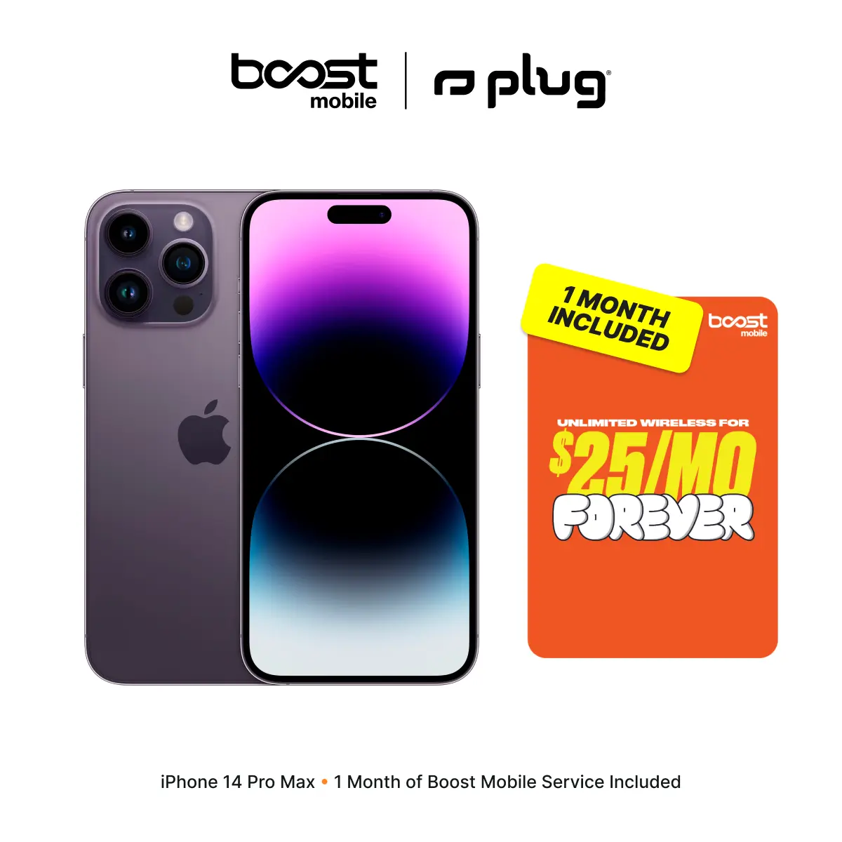 Refurbished Apple iPhone 14 Pro Max (Unlocked) + 1 Month of Unlimited Boost Mobile Service Included - Good Condition with 1-Year Warranty by Plug Refurbished Apple iPhone 14 Pro Max (Unlocked) + 1 Month of Unlimited Boost Mobile Service Included - Good Condition with 1-Year Warranty by Plug