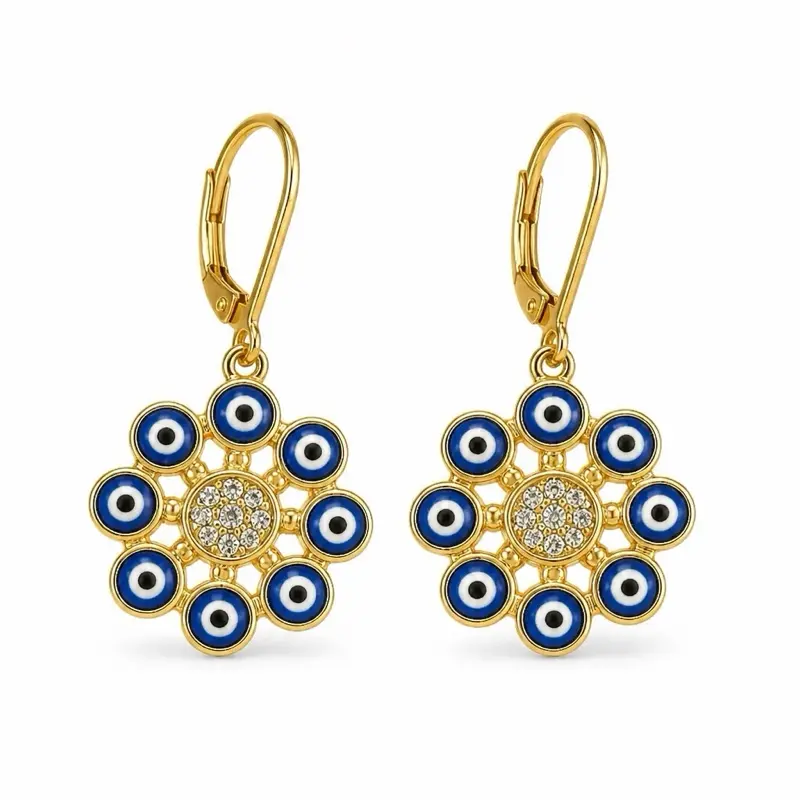 18K Gold Plated Evil Eye Drop Earrings | CZ Crystal Dangle Earrings | Lucky Protection Jewelry