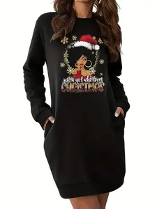 Women's Christmas Themed Letter & Figure Print Pocket Sweatshirt Dress, Casual Long Sleeve Round Neck Short Dress for Fall & Winter, Women's Clothes for Daily Wear