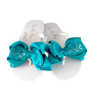 Something Turquoise Blue Bride Flip Flops, Satin Bow Sandals on White Flat Shoe Heel for Women's Wedding, Glittery Sparkle