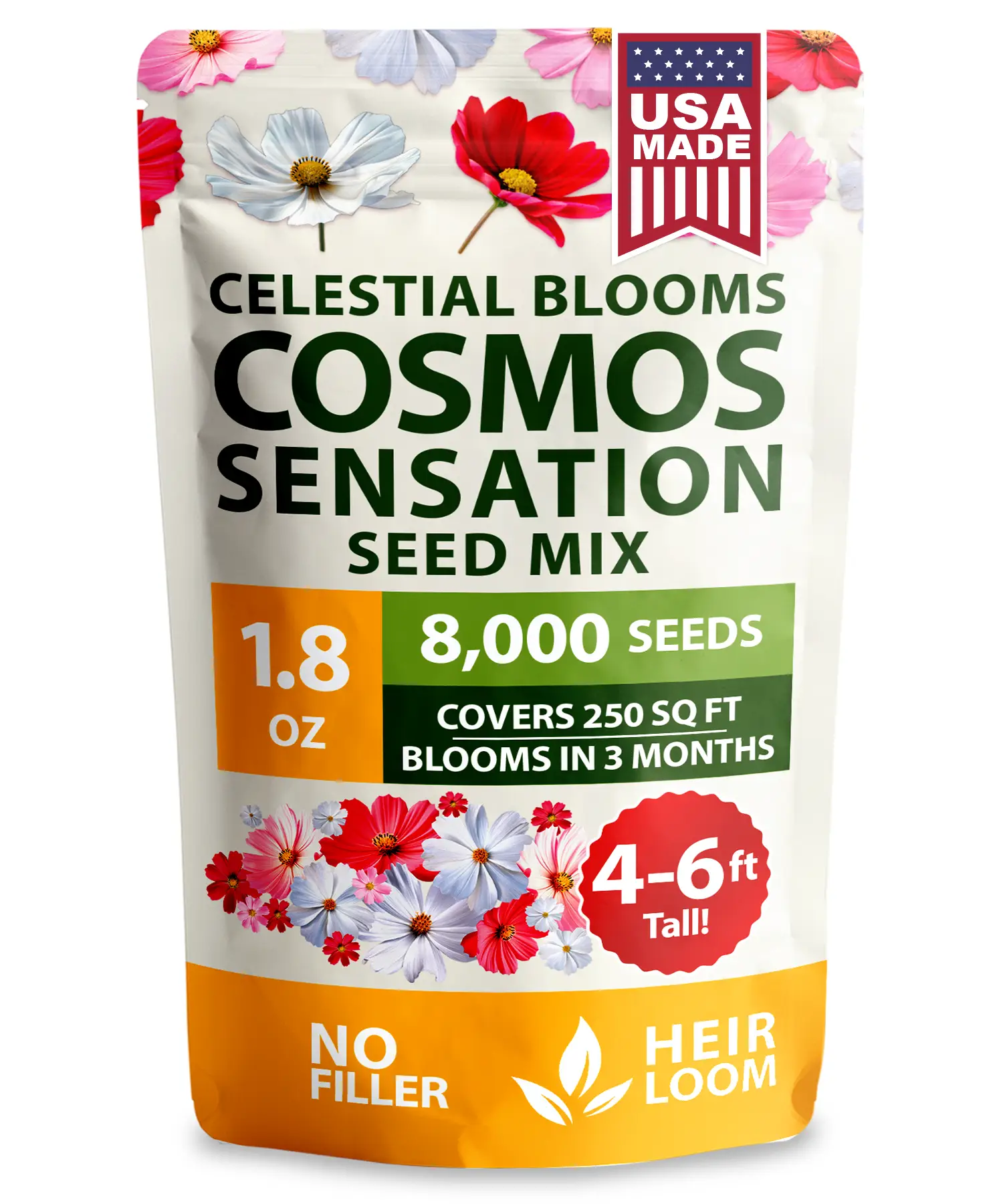 Cosmos Flower Seeds Bulk Pack (1.8 oz) – 8,000 - Heirloom Annual Wildflowers – Pollinator-Friendly Mix for Butterflies, Bees & Outdoor Cottage Gardens