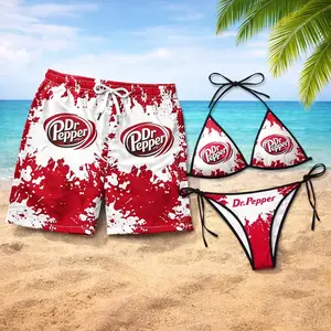Dr Pepper Red Splash Matching Couples Swimsuit Set, String Bikini and Men Swim Trunks, Hawaiian Beach Outfit Summer Vacation Poolwear