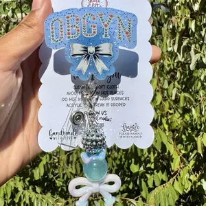 OBGYN Badge Reel with Removal Matching Charm Handmade with Love Acrylic Beads & Bow Design