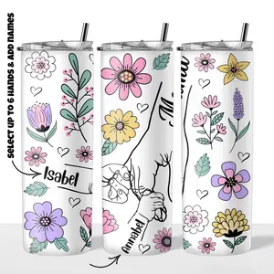 Mama Hands(Select up to 6 Hands & Add Names) 20oz Steel Insulated Tumbler with Clear Lid and Reusable Straw - Flasks, Drinkware