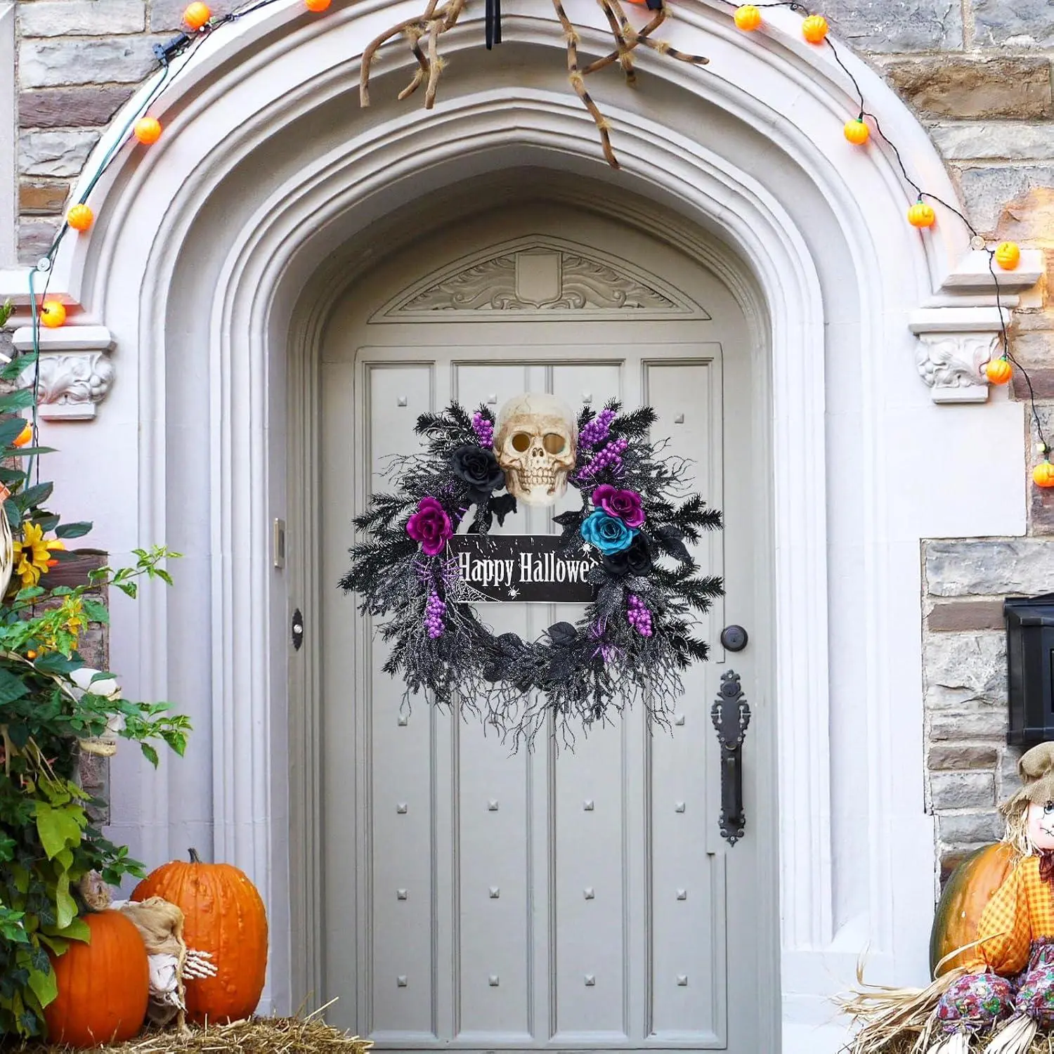 3 Pack Halloween Wreath for Front Door   Halloween Skull Wreath with Lights  Spooky Halloween Wreaths with Black  Blue Purple Flowers Indoor/Covered Outdoor Halloween Props Decoration Garland Ornaments-C