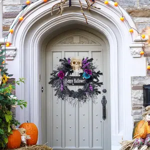 3 Pack Halloween Wreath for Front Door   Halloween Skull Wreath with Lights  Spooky Halloween Wreaths with Black  Blue Purple Flowers Indoor/Covered Outdoor Halloween Props Decoration Garland Ornaments-C