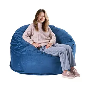 VEVOR Bean Bag Chair, Round BeanBag Chair with Removable Washable Cover for Adult, Dutch Velvet High-Density Foam Filling Adult Bean Bag with Handle and Side Pocket for Living Room, Bedroom, Blue