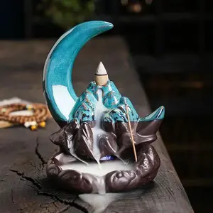 Creative Moon Design Incense Burner, Ceramic Backflow Incense Holder, Home Decor Ornament, Desktop Decoration for Living Room Bedroom, Freshener