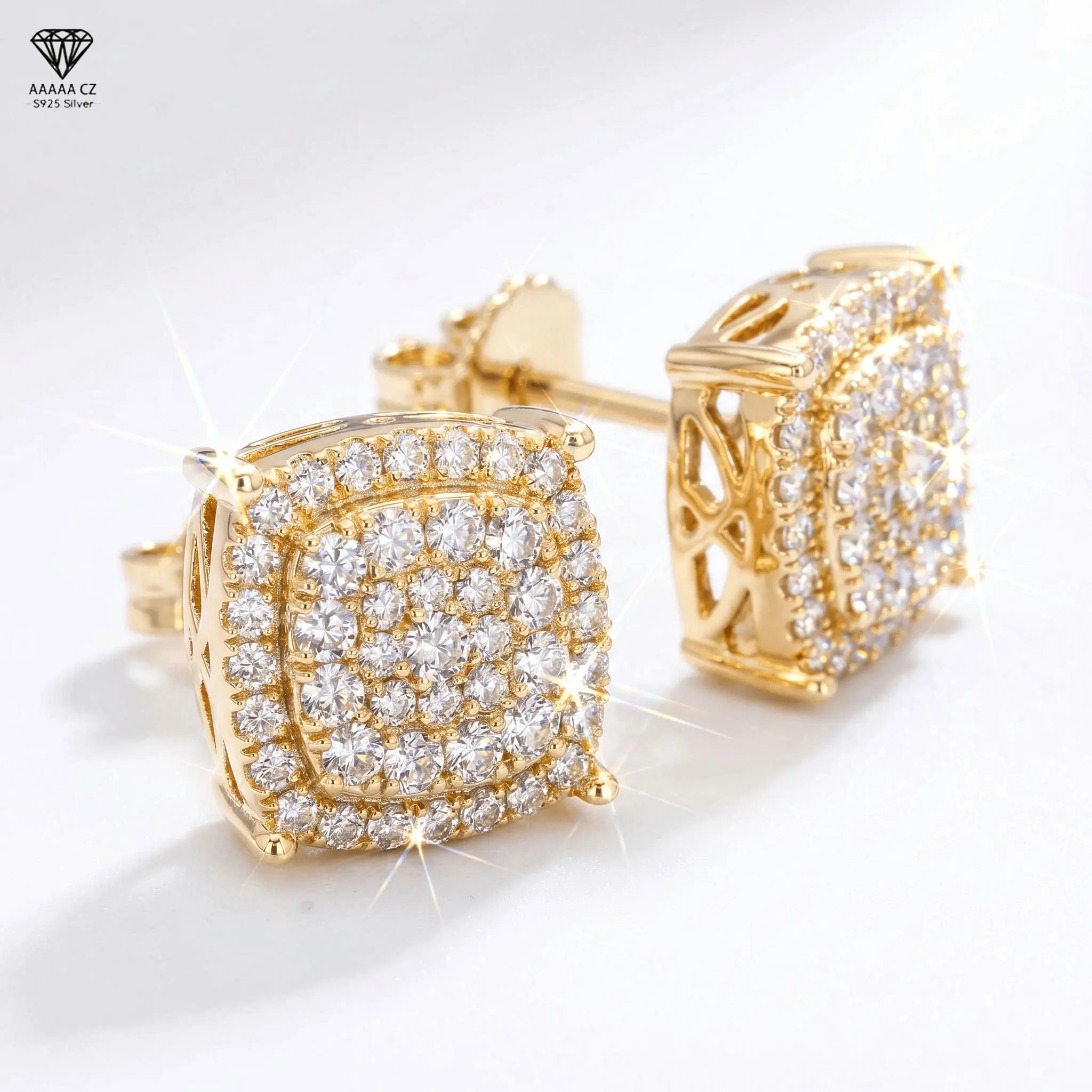 Unisex Iced Out Square Halo Stud Earrings - AAAAA CZ Sparkling Gold Tone Hip Hop Bling, Men's Jewelry, Alternative Streetwear & Casual Style Earrings, Ideal Gift for Birthday & Valentine's Day