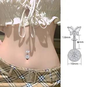 Butterfly design decorated with sparkling cubic zirconia, featuring 14G standard bar thickness (1.6mm), compatible with most navel piercings. The bar length is 6mm. Made of premium medical-grade stainless steel, it is hypoallergenic.