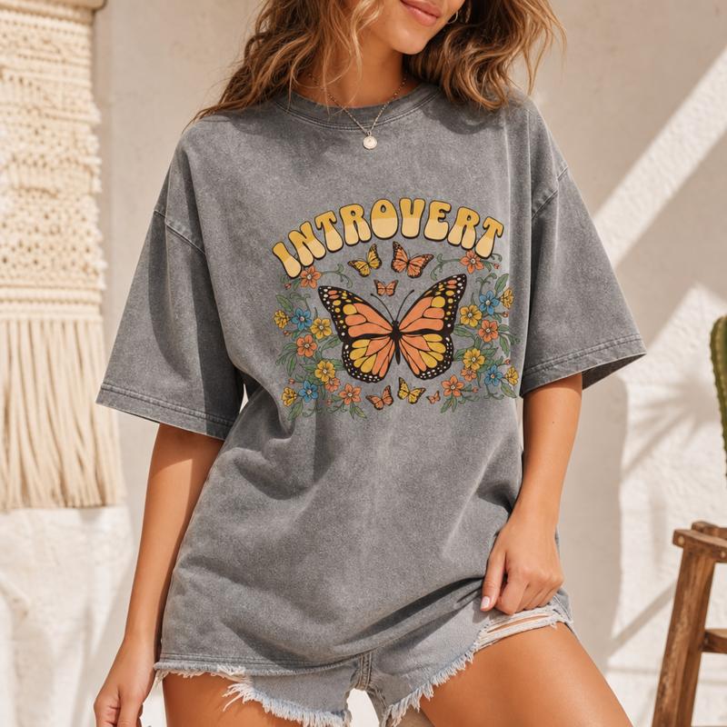Floral Butterfly Introvert Graphic Tee for Women, Washed Cotton Oversized Quiet Girl Shirt S-5XL