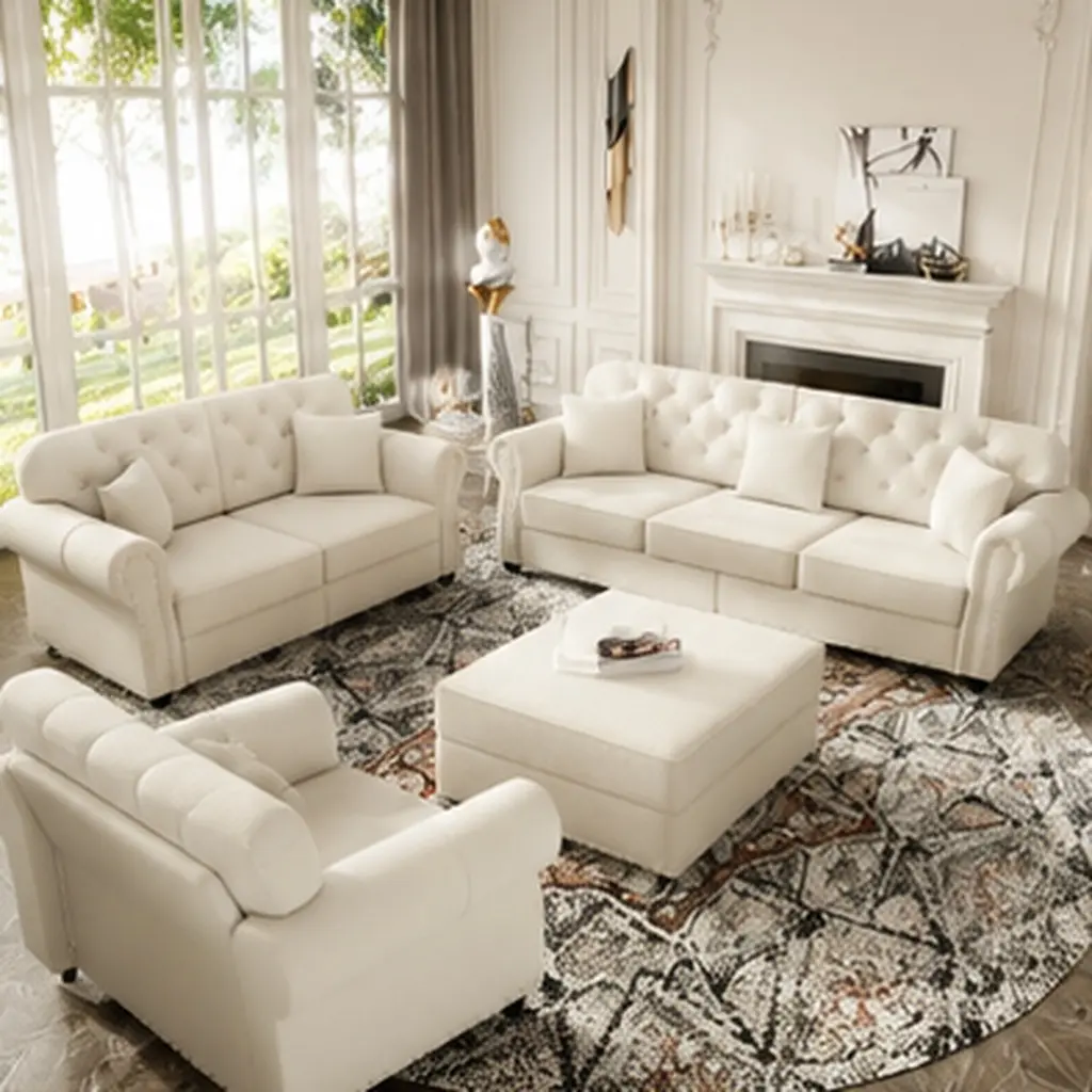 Mid-Century Modern Chesterfield Sofa Set with Ottoman, 6-Seat Upholstered Velvet Sofa with Button Tufted Nailhead Trim Rolled Armrests, Beige+White Living Room Furniture Combo, Beige+White Color Options, Velvet Material, 6 Seat Seat Count