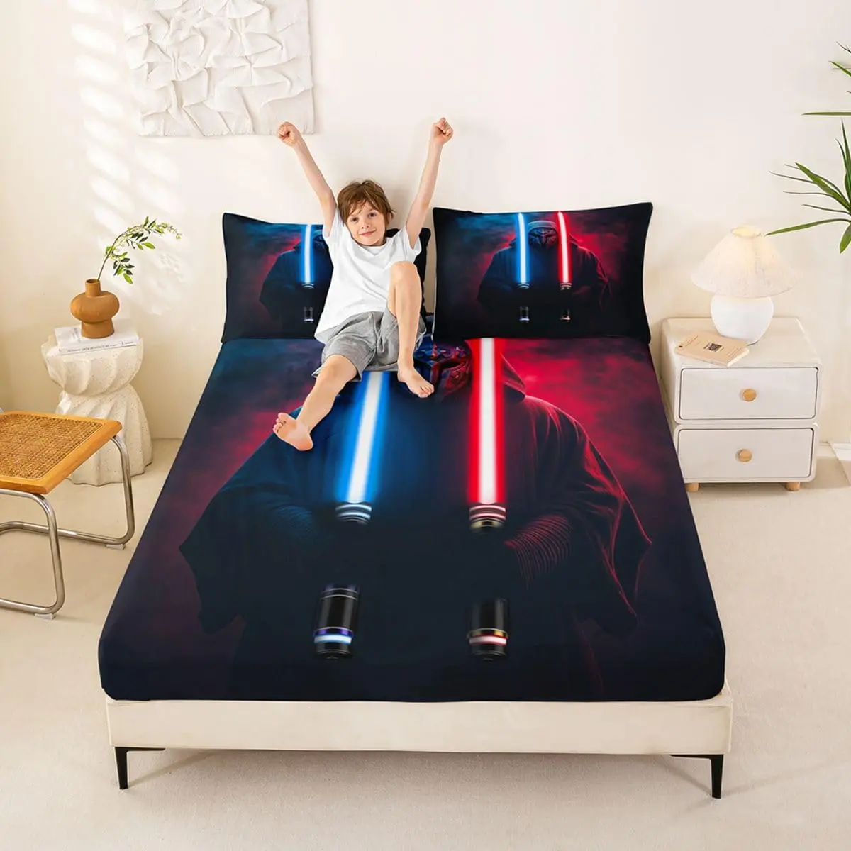 Lightsaber Theme Fitted Sheet,Neon Style Light Saber Bedding Set Room Decor,Blue Red Light Sword Bed Sheet,Western Science Fiction Sheet Set