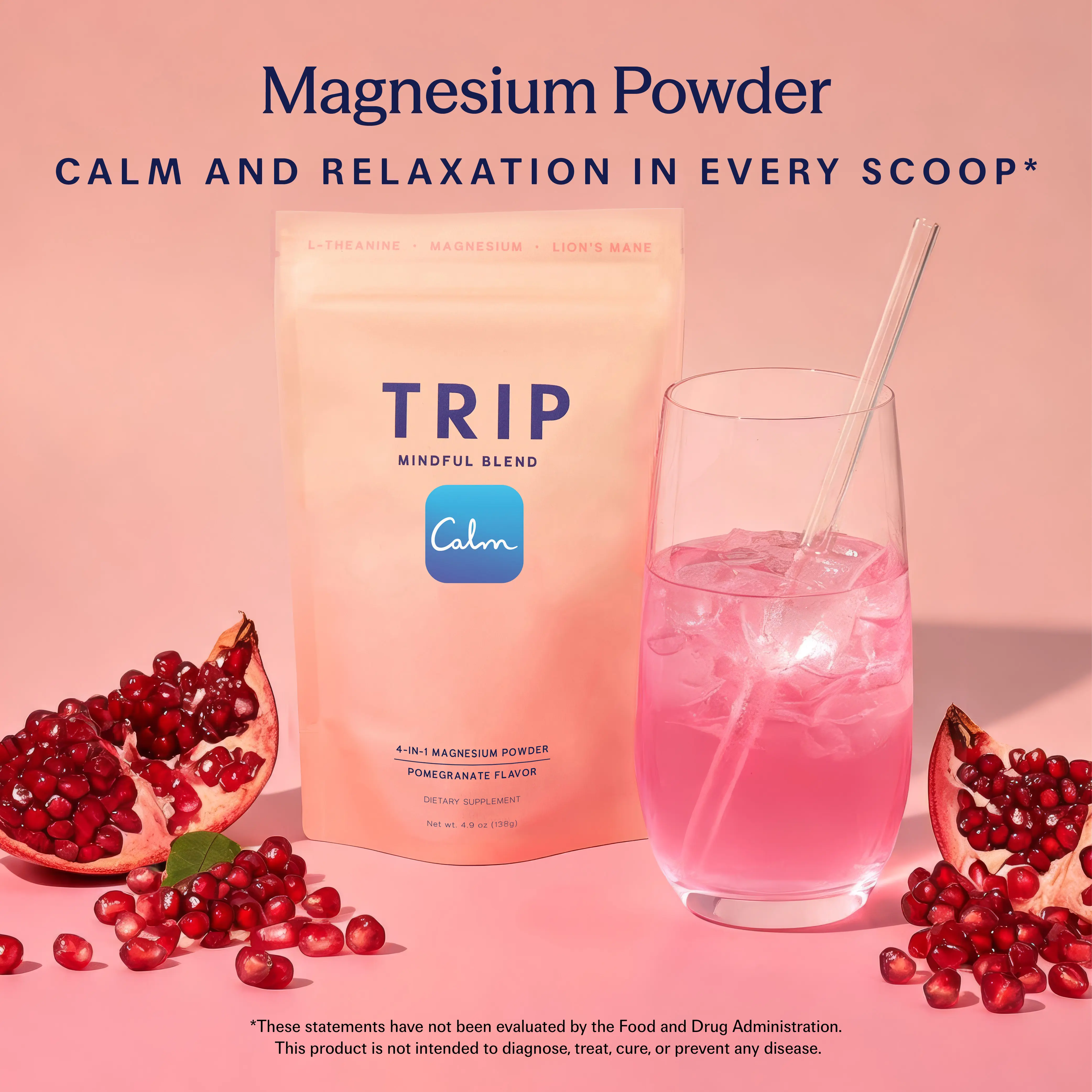 TRIP Magnesium Powder, Pomegranate Orange Blossom Flavor, Magnesium with L-Theanine and Lion's Mane, Sugar-Free, Daily Calm & Relaxation (30 Servings)
