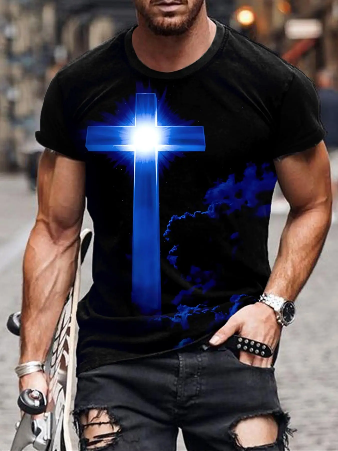 Men's Cross Print Round Neck Tee, Regular Fit Short Sleeve Crew Neck T-Shirt for Summer, Casual Fashion Men's Top for Daily Wear