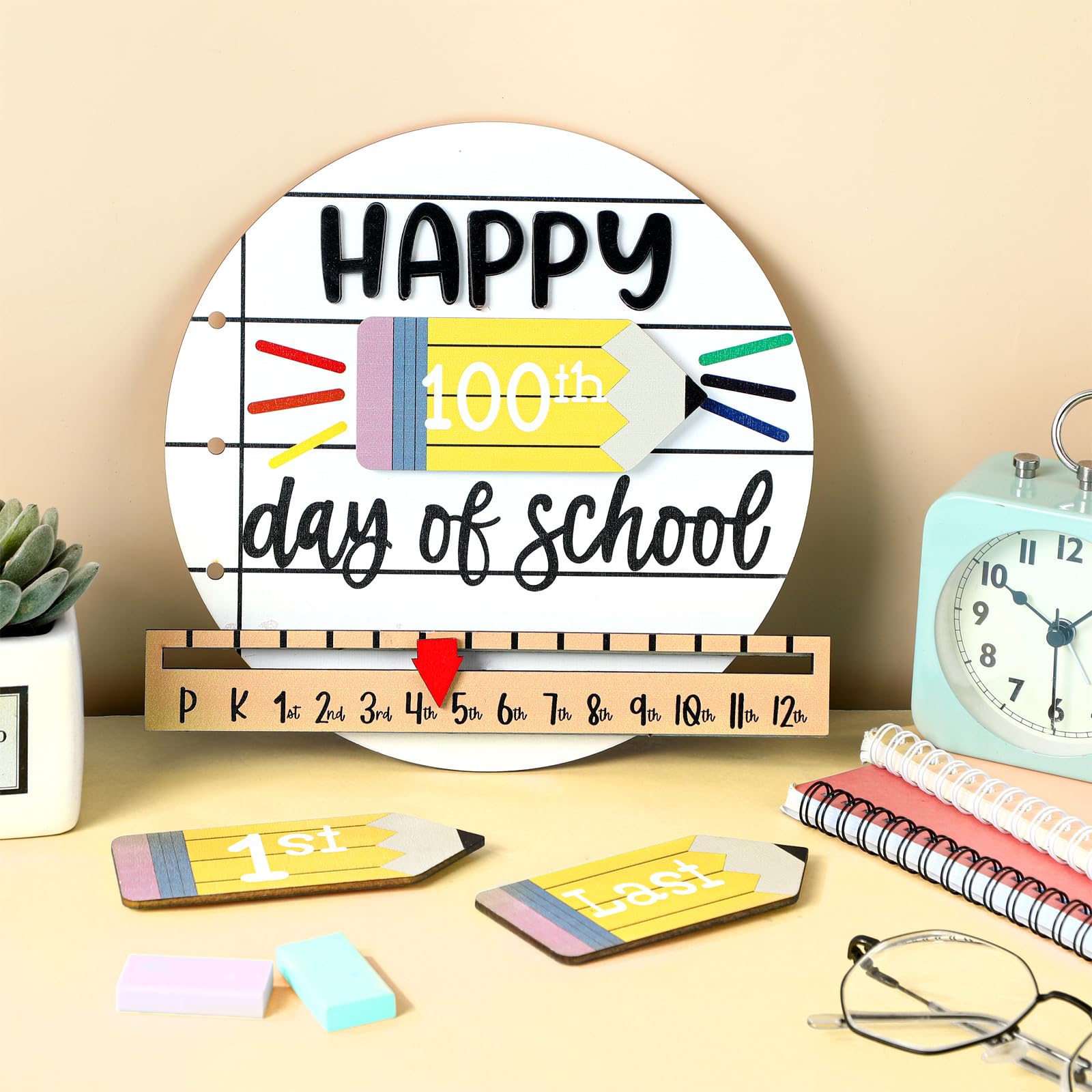 First & Last Day of School Sign Reusable Dry Erase 8" - Back to School Board Gifts Wooden Pencil Style, Cute Pencil Bow Notebook Design for Pre-K Kindergarten Photo Props First Day Last Day Traditions Teachers Parents Essentials Class of 2026