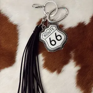 Western Route 66 Tassel Keychain with Silver Tone Route 66 Sign and Black Tassel for Stylish Accessory