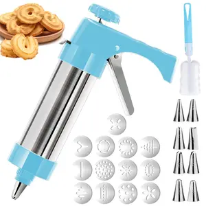 Cookie Press, Cookie Press Gun Kit Stainless Steel Cookies Maker with 13 Cookies Discs and 8 Piping Tips for Baking
