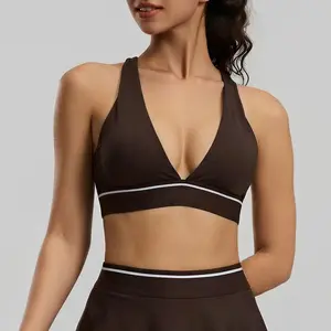 Women's Black Deep V Neck Halter Sports Bra, Padded Wireless Workout Yoga Bra, High Impact Support Gym Fitness Running Athletic Crop Top, Breathable Quick Dry Activewear for Summer Pilates Dance Training, Fashion Striped Underbust Sportswear for Ladies