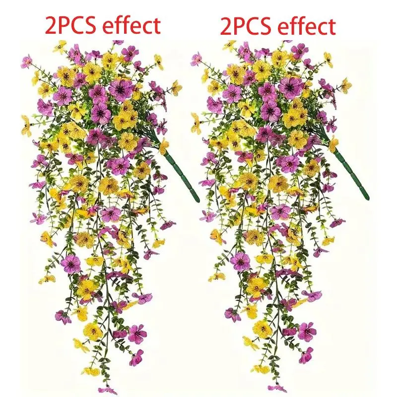 Artificial Daisy Hanging Flowers, 2 Counts UV Resistant Faux Daisy Hanging Flowers, Decorative Flowers for Indoor & Outdoor Decoration, Yellow and Pur