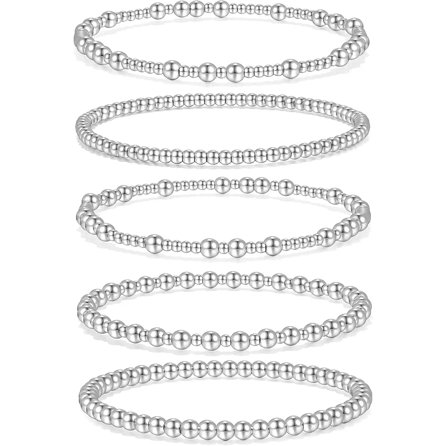 Silver Beaded Bracelets for Women no tarnish Silver plated Stackable Bead Ball Bracelet Stretchable Elastic Hypoallergenic Trendy