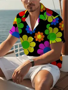 Men's Geometric Print Button-Up Polo Shirt, Casual Breathable Polyester Fabric, Loose-Fitting Short Sleeve Tee