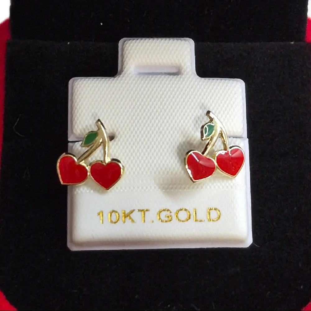 10K Real Gold Cherry Heart Stud Earrings, Cute Jewelry for Women and Girls