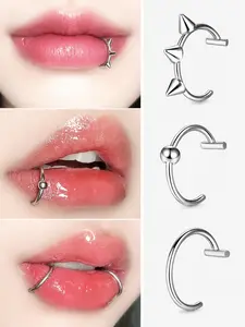 "No-Piercing Lip Rings 3-Pack – Stainless Steel Clip-On Lip Jewelry Set, Adjustable Lip Piercing Accessories, Punk Rock Style Lip Rings, Non-Piercing Lip Hoops, Unisex Trendy Lip Jewelry