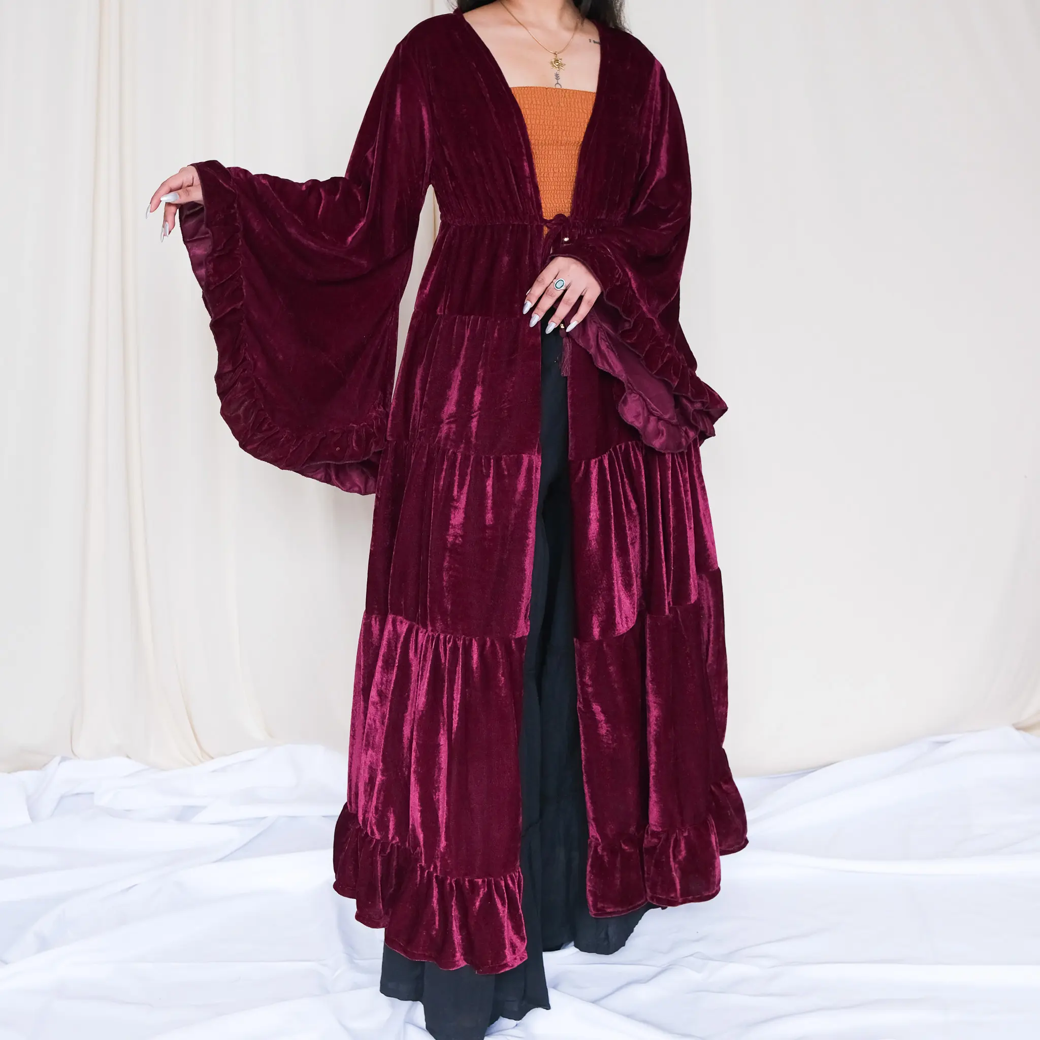 Women's Elegant Flowy Velvet Duster Robe - Long Sleeve Ruffle Wrap, Fall Winter Boho Festival Cardigan Coat