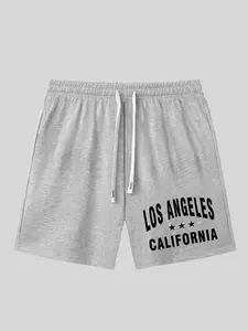Men's "Los Angeles California" Varsity Casual Shorts - Arch Text & Star Print Heather Grey Cotton Blend Shorts, Drawstring Waist Loose Fit, Breathable Summer Streetwear for Beach Days