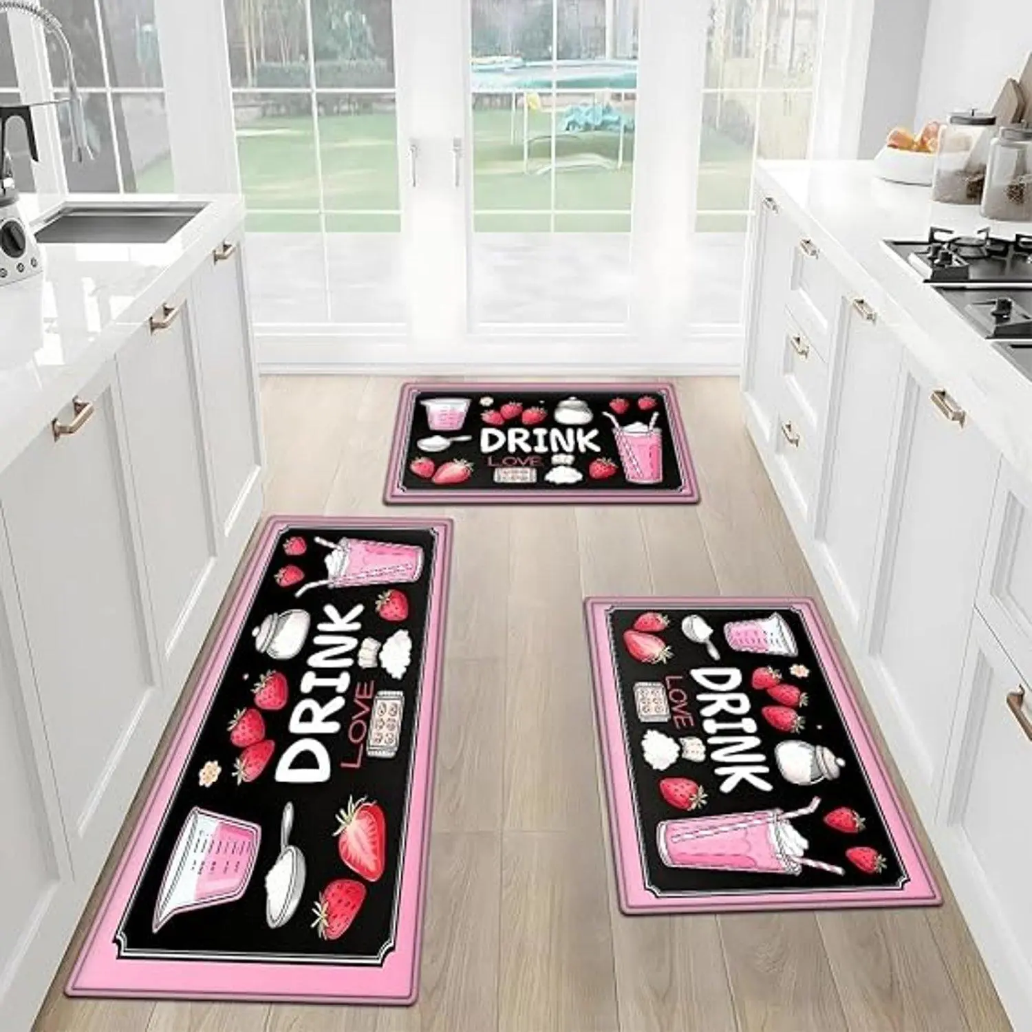 Classic Strawberry Print Flannel Kitchen Doormat, Blackboard-Style DRINK Letter Design, Easy Washing, Multi-Size, Single Mat