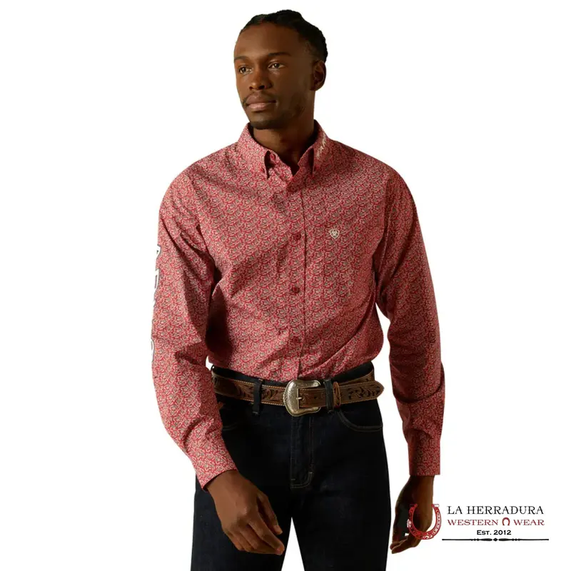 ARIAT MENS TEAM PORTLAND FITTED LS SHIRT RED/BEIGE 10062255