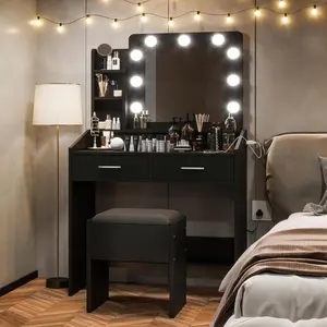 【Christmas Gift】Vanity Desk with Mirror and Lights Makeup Vanity with Power Outlet & Cushioned Stool 3 Lighting Modes Adjustable Brightness Dressing Table with Hairdryer Holder for Bedroom