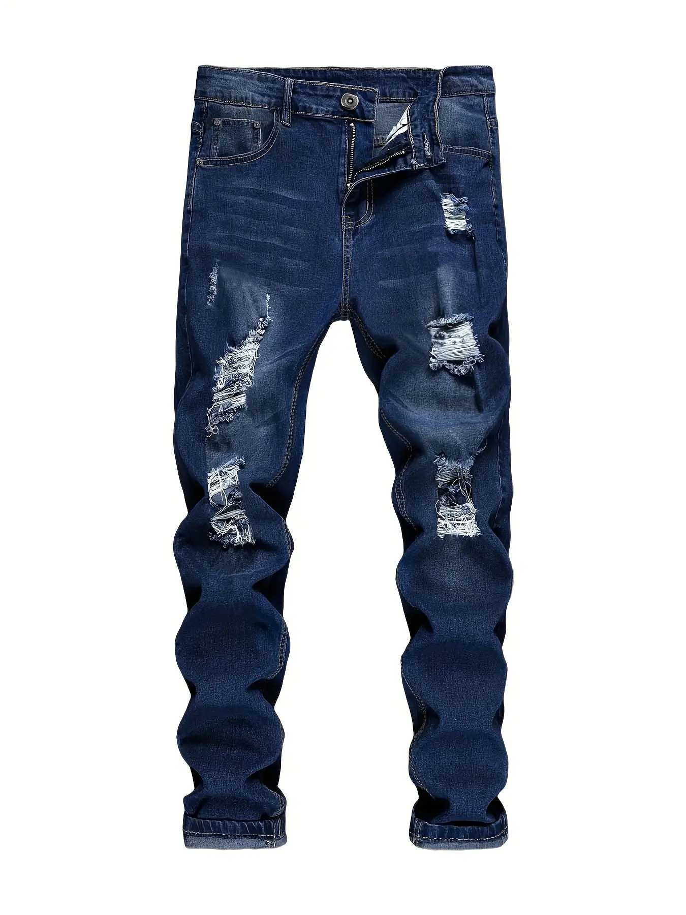 Men's Ripped Slim Fit Plain Denim Jeans - Retro Natural Breathable Classic Menswear Fabric, Versatile Elastic Casual Distressed Pants, Durable, Casual Wear, Slim-Fit Cut