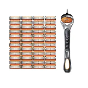 [2025] 48-Piece Men's/Women Razor Blade Replacement Set with Free Handle – Ultra Sharp Stainless Steel 5-Layer Blades for Smooth Shaving Face Head Body Refill Bulk Disposable Blades