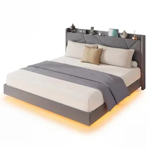 Queen Size Floating Platform Bed, Button Tufted Velvet Upholstery, Smart LED Light & Storage Headboard with Built-in Charging Hub, Mattress Foundation Ready, No Box Spring – Grey
