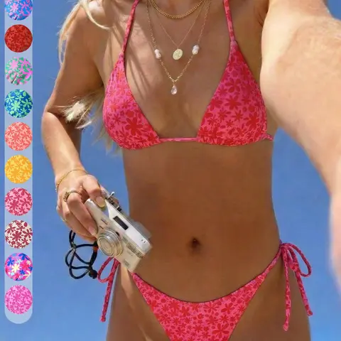 Sexy Floral Print Halter Tie Bikini 2-Piece Swimwear Set for Women Floral Print Bikinis Bikini Sets