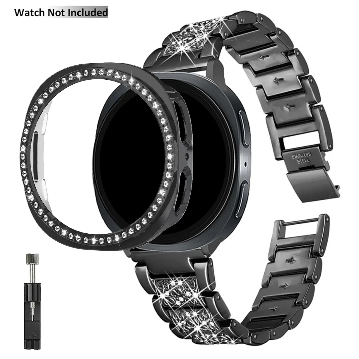 Jewelry Band with Case Compatible for Samsung Galaxy Watch 8 40mm 44mm, Women Bling Replacement Strap & PC Bumper Face Cover for Galaxy Watch 8 & Watch Protector Smart Watch Accessories, Wearable Tech Accessories, Smartwatch Accessories