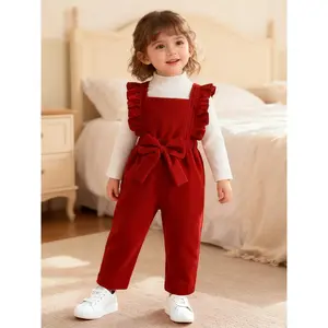 Girl'S Cozy Red Jumpsuit with Ruffled Sleeves & Bow Detail - Warm Long Sleeve Romper, Comfortable Wide-Leg Pants, Perfect for Fall/Winter, Casual Outfit, Girl Outfit, Fall Winter Wear, Soft Texture Apparel, for Outdoor