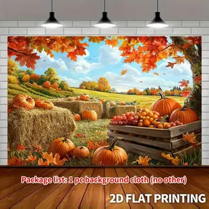 2D Flat 1pc Rustic Fall Harvest Pumpkin Hay Bale Autumn Theme Backdrop, Vibrant Thanksgiving Party Decor with Pumpkins, Apples, and Fall Scenes, Suitable for Indoor/Outdoor Use, Autumn Home Decor