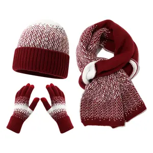 Winter Adult Fleece Gradient Knitted Hat Scarf Gloves Three-Piece Set Outdoor Cold-Proof Women's Snowflake Knitted Hat Casual Style