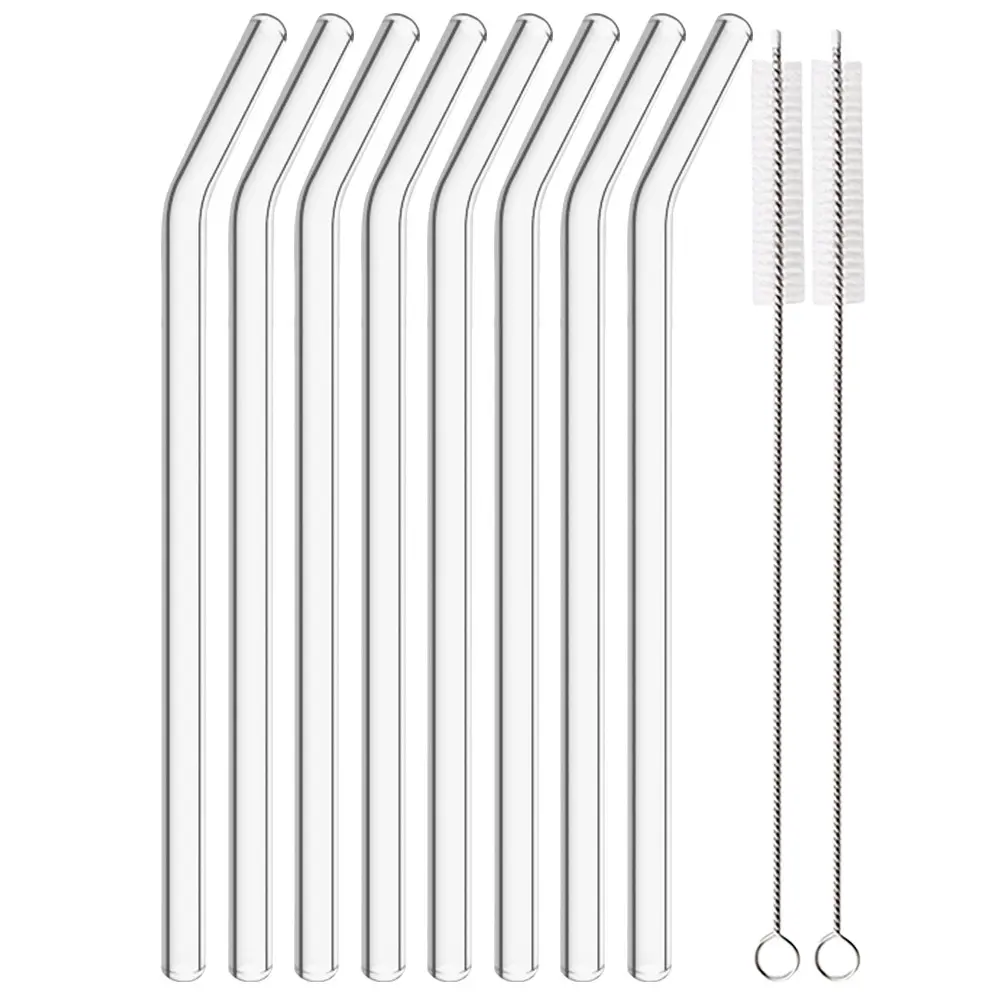 Reusable Curved Glass Straw Set, 7.87 Inch X 8 Mm, 8 Bent Drinking Straws with 2 Cleaning Brushes, for Drinks, Smoothies, Milk Tea, Juice