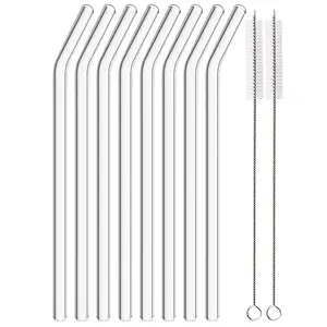 Reusable Curved Glass Straw Set, 7.87 Inch X 8 Mm, 8 Bent Straws with 2 Cleaning Brushes, for Drinks, Smoothies, Milk Tea, Juice