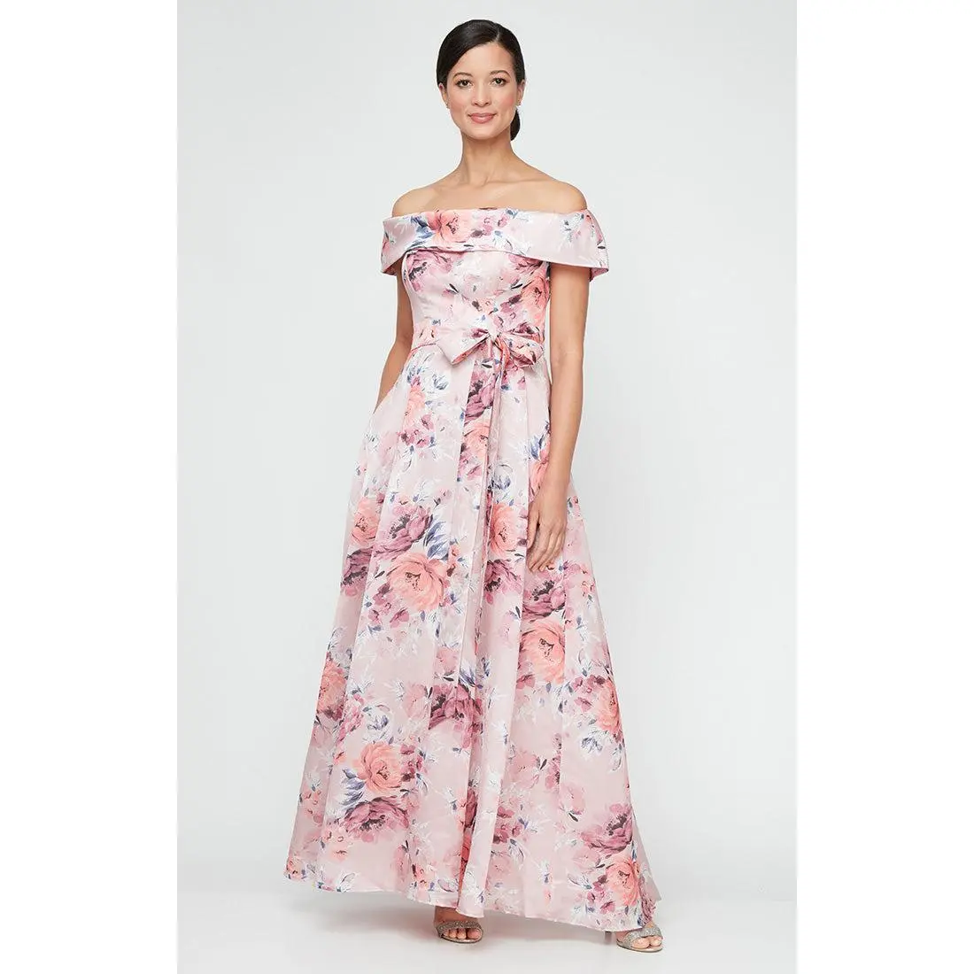 Long Printed Shimmer Organza Off the Shoulder Dress with Tie Belt