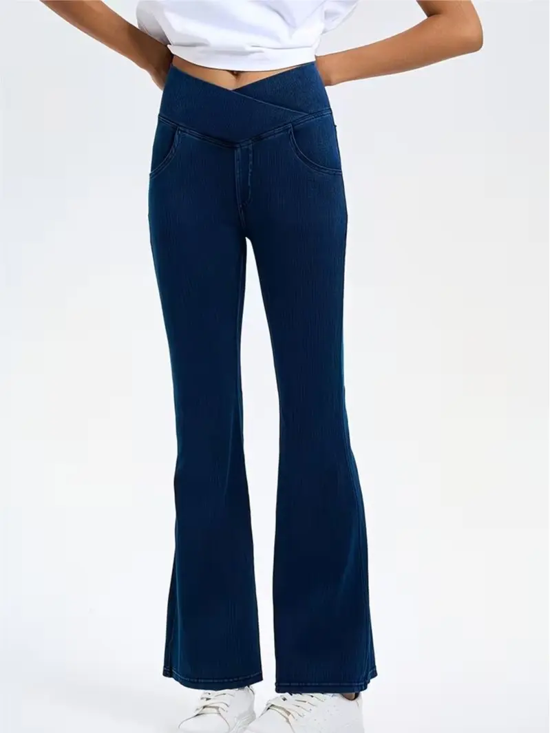 Women's High-Waisted Cross V-Waist Stretch Denim Bootcut Pants - Butt-Lifting Slim Fit, Comfortable Casual Style, Hand Wash Only, Sports & Outdoor Everyday Bottoms, Flared Pants tiktokshopbacktoschool, High Waist