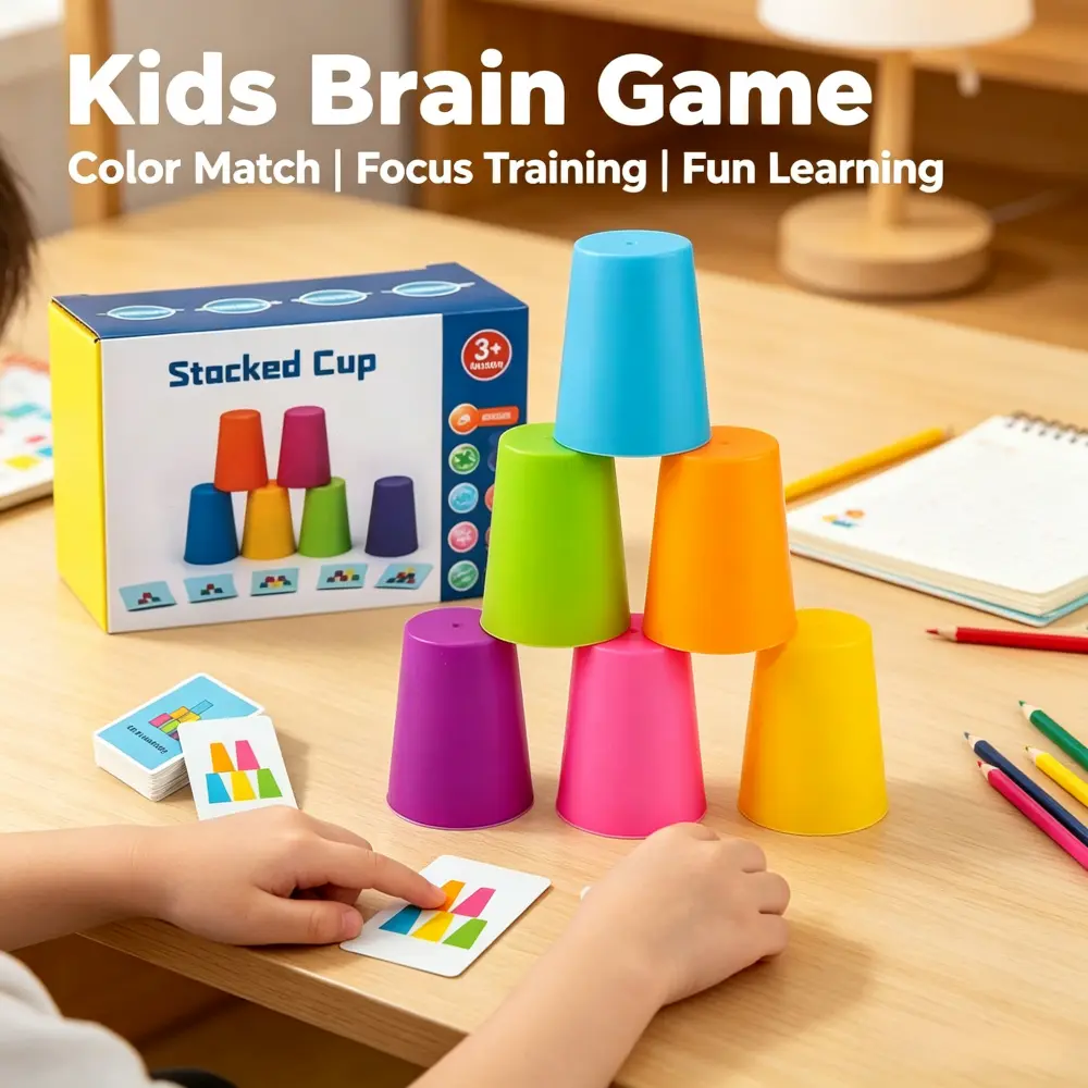 Multi-layer Stacking Cup Brain Game for Kids, Color Recognition Hand Eye Coordination Training Toy, Parent-Child Interactive Educational Table Game for Toddlers 3 Years Up