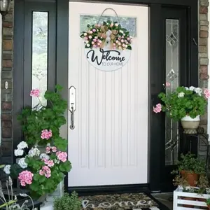 Welcome Wreath Wooden Door Hanger, Warm Floral Porch Wall Decor, Farmhouse Front Door Welcome Sign, Indoor Outdoor Garden Decoration, Home Decor
